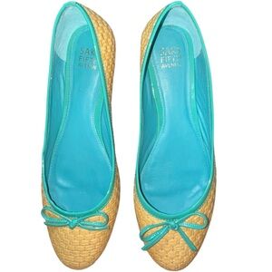 Saks Fifth Avenue Raffia Ballet Flats Turquoise Patent Trim Bow Natural 9.5